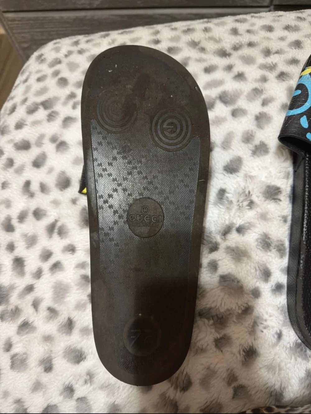 Gucci Black Slides with Yellow and Blue Graphic Strap